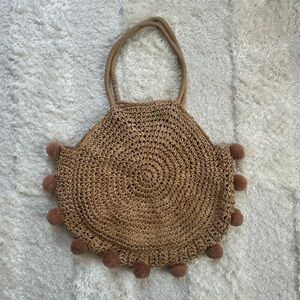 Brown Woven Tote Bag with Pom Poms